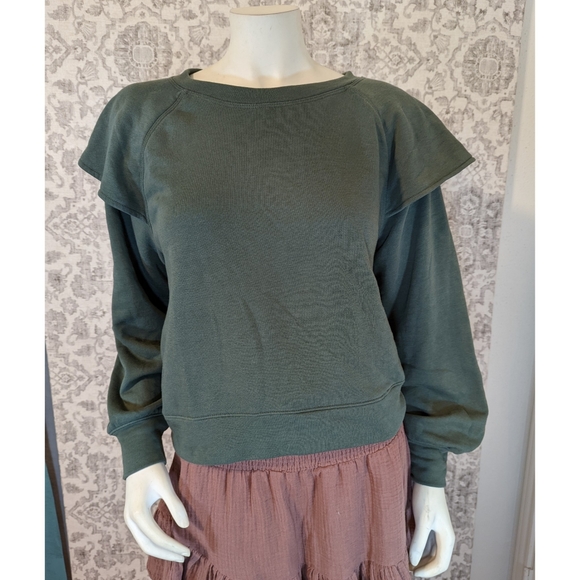 Lou & Grey Sage Green Ruffle Sleeve French Terry Sweatshirt Sz. Small - Picture 4 of 7